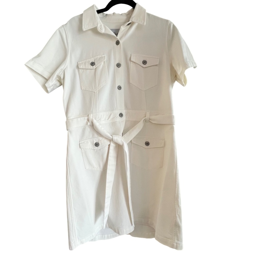 Rails White Denim Shirt Cotton Dress‎ with Belt Button Down Utility Pockets L